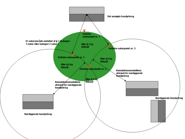 Figur 2. Kritiske naturpunkter, hvor der er to nærliggende husdyrbrug ud over det ansøgte.
